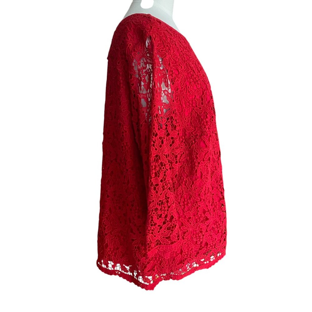 Talbots Red Scroll Floral Lace Overlay Top 3/4 Sleeve Scalloped Whimsigoth-18W - Picture 9 of 15